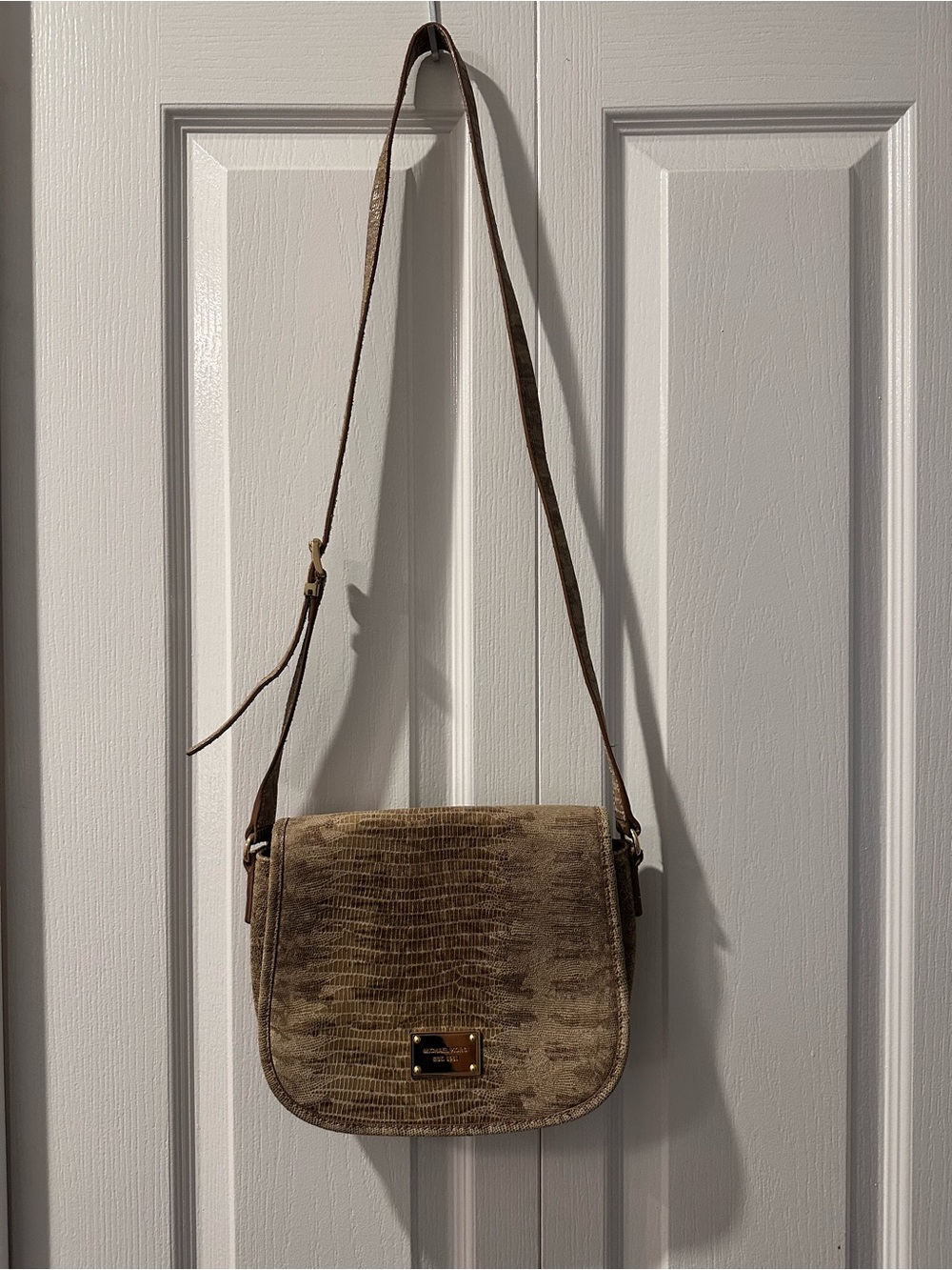 Michael Kors Taupe Croc-Effect Crossbody Bag with Gold Plaque